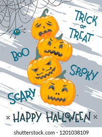 Halloween poster with lettering,grunge background,pumpkins and spider.Halloween design perfect for prints,flyers,banners invitations,greetings and more.Vector Halloween illustration.Trick or treat.