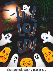 Halloween poster with lettering,grunge background,pumpkins,bats and ghosts.Halloween design perfect for prints,flyers,banners invitations,greetings.Vector Halloween illustration.Trick or treat.