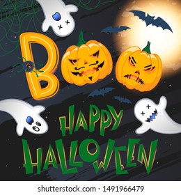 Halloween poster with lettering,grunge background,pumpkins,bats and ghosts.Halloween design perfect for prints,flyers,banners invitations,greetings.Vector Halloween illustration.Trick or treat.