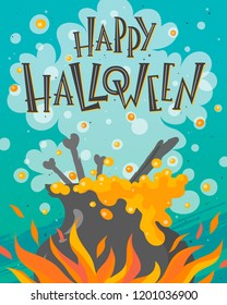 Halloween poster with lettering,witch cauldron with magic poiton.Halloween design perfect for prints,flyers,banners,invitations,greetings and more.Vector Halloween illustration.
