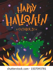 Halloween poster with lettering,witch cauldron and magic potion.Halloween design for prints,flyers,banners,invitations,greetings and more.Vector Halloween illustration.