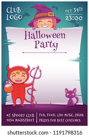 Halloween poster with little kids in costumes of witch and devil with black kitten and broom. Happy Halloween party. Editable template with text space.