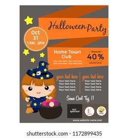 halloween poster with lovable kid wizard flat style
