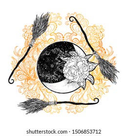 Halloween poster. Lunar Eclipse, Crescent, magic broom. Magic symbols, witchcraft, coven.