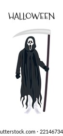 Halloween poster. Masked grim reaper with a scary face waiting with his scythe in hand. Halloween cartoon style, character halloween icons abstract background. Vector illustration.