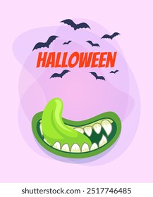 Halloween poster with monster month and tongue. Flying bats on abstract background. Celebration, party, holiday concept. Vector illustration for invitation, postcard or banner