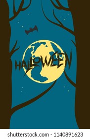 Halloween poster with moon decoration. Happy Halloween dark vertical card. Template for holiday design. Vector illustration.