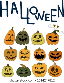 Halloween poster with multiple colorated Jack pumpkins. Set of vector halloween pumpkins.