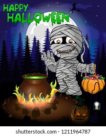 Halloween poster with  mummy in forest. Vector illustration.