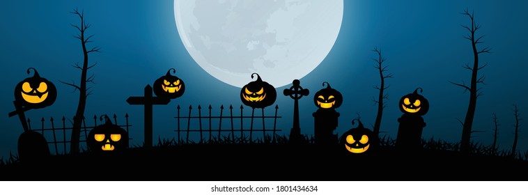 Halloween Poster, night background with creepy castle and pumpkins, illustration. Greeting card halloween celebration, halloween party poster.