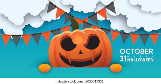 Halloween Poster, night background with creepy castle and pumpkins, illustration. Greeting card halloween celebration, halloween party poster.	