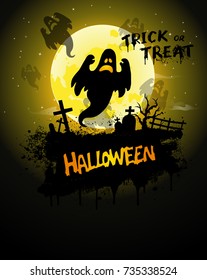 Halloween Poster, night background with ghost and pumpkins, vector illustration. Greeting card halloween celebration, halloween party poster.