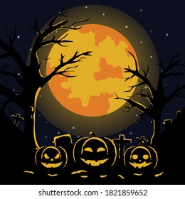 Halloween Poster, night background with pumpkins, illustration. Greeting card halloween celebration, halloween party poster.
