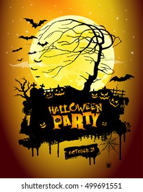 Halloween Poster, night background with tree like a face, yellow moon and pumpkins, illustration. Vector elements for banner, greeting card halloween celebration.