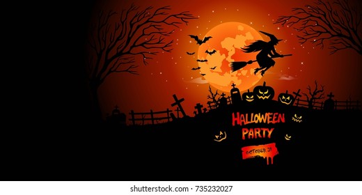 Halloween Poster, night background with witch and pumpkins, illustration. Greeting card halloween celebration, halloween party poster.