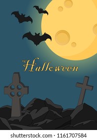 Halloween poster of night cemetery with crosses on the graves and flying bats
