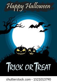 Halloween poster. October day of the dead celebration party post invitation. Scary pumpkins bats tomb cemetery ghost tree shadow night. Trick or treat image. Dark hunted moon.