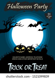 Halloween poster. October day of the dead celebration party post invitation. Scary pumpkins bats tomb cemetery ghost tree shadow night. Trick or treat image. Dark hunted moon. Template. Venue time. 