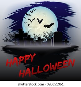  Halloween poster with old graveyard, bats and full moon. Vector illustration.