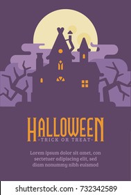 Halloween poster with old house in the swamp. Witch hut flat illustration  flyer with text. Trick or treat. Dark fantasy background