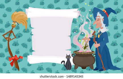 Halloween poster on a green background with a witch and a broom