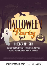 Halloween Poster in an Outdoor Environment with a ghost, pumpkin, cat, and bats. Perfect for posters, flyers, and invitations. Vector Halloween Illustration.
