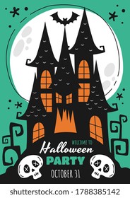 Halloween poster for a party celebration with a haunted house, bats and skulls above text, colored vector illustration