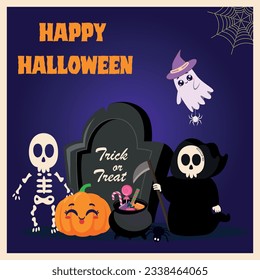 Halloween poster for a Halloween party with a ghost, a pumpkin, a skeleton and death with a scythe