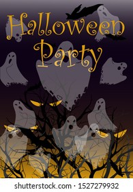 Halloween poster Halloween party with ghosts, evil eyes, dark trees, moonlight, bats and the inscription. Invitation, poster, poster, flyer.