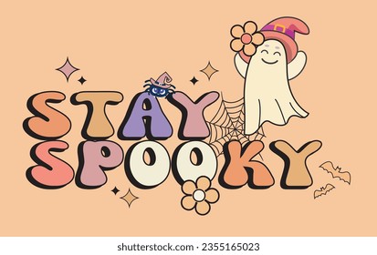 Halloween poster or party invitation background. Vector illustration, spiders web and flying bats.Stay spooky Cute Ghost Isolated Background
