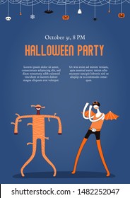 Halloween poster, party invitation design concept with dancing people in costumes, holiday bunting with pumpkins, bats, ghosts, spider webs, skulls, corn candy, text. Hand drawn vector illustration.