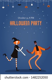 Halloween poster, party invitation design concept with dancing people in costumes, holiday bunting with pumpkins, bats, ghosts, spider webs, skulls, corn candy, text. Hand drawn vector illustration.