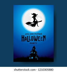 Halloween poster party invitation template with flying witch with broom at the blue night