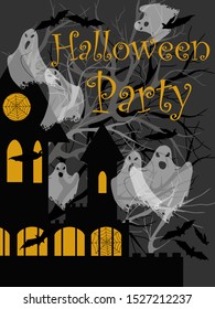 Halloween poster Halloween party with scary castle,  ghosts, bats and the inscription.
