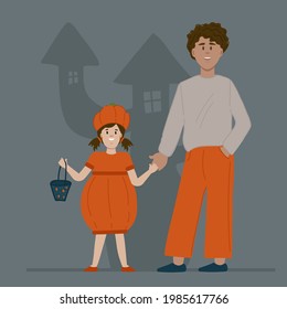 Halloween poster with people. Postcard for the autumn holiday. A child in a pumpkin costume vector illustration. Vector illustration