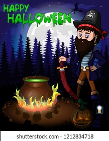 Halloween poster with pirate in forest. Vector illustration.