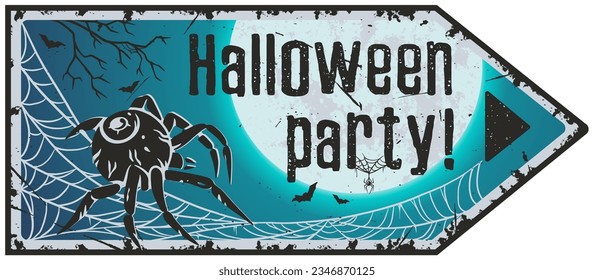 Halloween poster pointer with insect for spiderweb party. Spooky poisonous web tarantula or dark halloween pointer