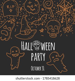 Afiche de Halloween, postal con elementos dibujados a mano.