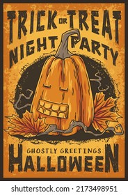 Halloween Poster With Pumpkin And Autumn Leaves For Night Holiday Party. Happy Halloween Composition