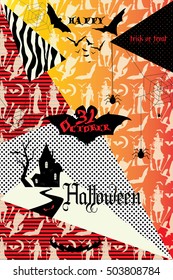 Halloween. Halloween poster with Halloween pumpkin, bat, tree, Halloween House, moon, spiders web for Halloween Holiday. Halloween Party background, thanksgiving, kids, trick or treat. Happy Halloween