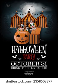 halloween poster with pumpkin bucket, evil clown and circus with orange and black stripes. halloween party flyer