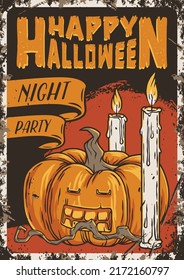 Halloween Poster With Pumpkin And Candle For Autumn Party. Happy Halloween Composition For Night Holiday Design