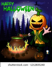 Halloween poster with Pumpkin Cartoon Characters in forest. Vector illustration.