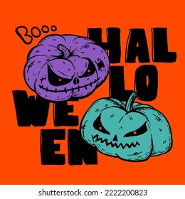 Halloween poster with pumpkin cartoon evil character on bright orange background. October holiday card.