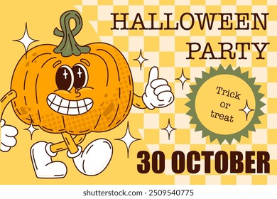 Halloween poster with pumpkin character. Merry autumn holiday of all saints. Groovy style print. Vector illustration isolated 