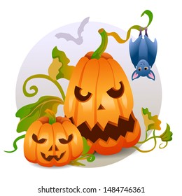 Halloween Poster. Pumpkin characters and bats. Composition. Banner for All Saints Day. Charismatic characters.