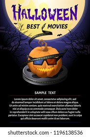 Halloween poster with a pumpkin and a film reel on moon background. Lettering text. Vector illustration.