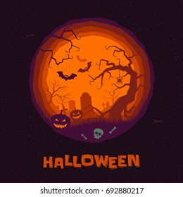 Halloween poster of pumpkin, full moon graveyard and tombstone, zombie skeleton skull and black bats. Vector orange horror night holiday for trick or treat Halloween greeting card.