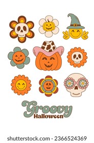 Afiche de Halloween con calabaza, fantasma, flores sonrientes