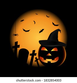 Halloween poster with pumpkin and hat in black orange design